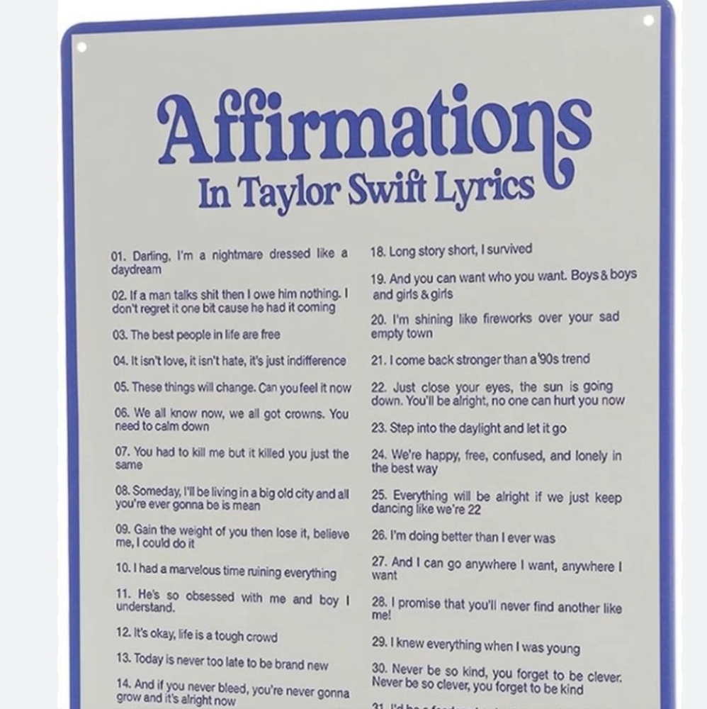 Affirmations In Taylor Swift Lyrics Metal Tin Decorative Sign 12x8